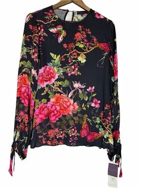 NWT Hale Bob Floral Butterfly Print Blouse size Medium Black Long Sleeve Top